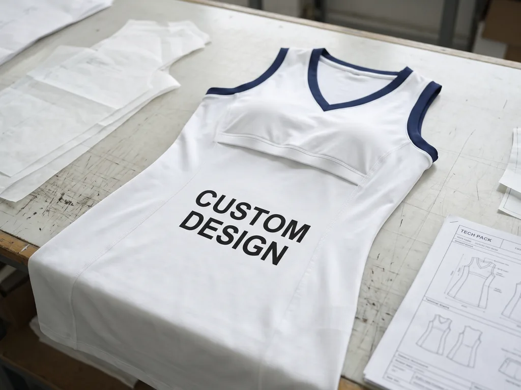 Sleeveless custom tennis dress with a built-in bra shelf and a bold CUSTOM DESIGN print, laid on a cutting table