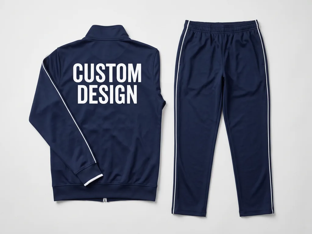 Matching custom tennis warm-up jacket and track pants with a bold CUSTOM DESIGN back print, cut from one dye lot