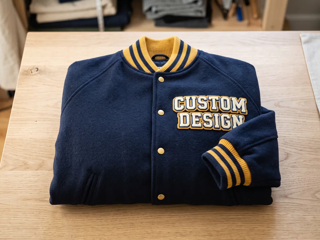 Folded navy all-wool melton varsity jacket with gold striped rib collar and cuffs and a CUSTOM DESIGN chenille chest patch