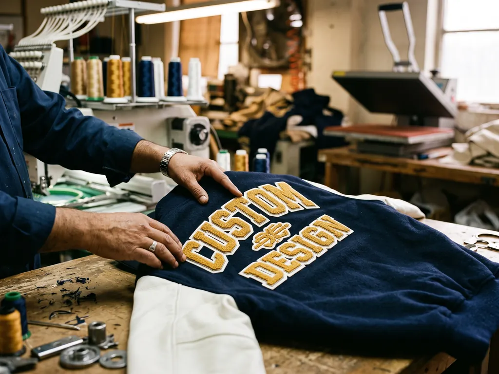 Factory worker positioning gold chenille CUSTOM DESIGN lettering on a navy varsity jacket body beside a multi-head embroidery machine