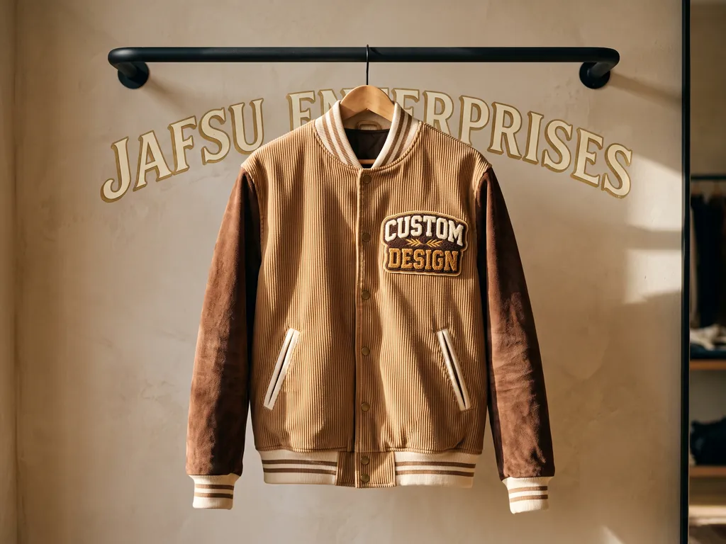Tan corduroy varsity jacket with brown suede sleeves and a CUSTOM DESIGN chenille chest patch, hanging on a rail at Jafsu Enterprises
