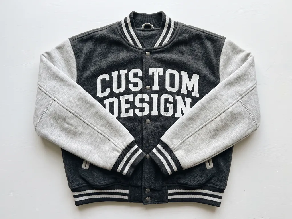 Charcoal heavyweight fleece varsity jacket with heather grey sleeves and a printed CUSTOM DESIGN chest graphic, laid flat