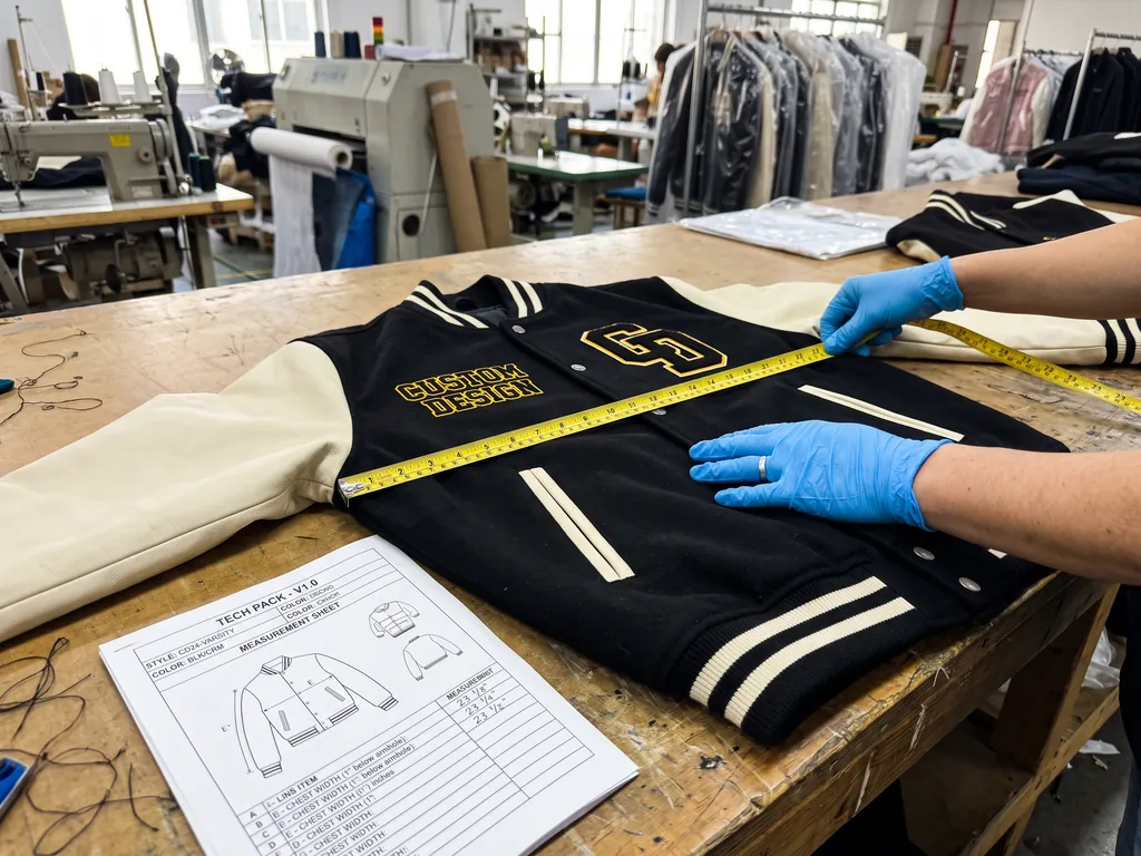 Gloved hands measuring the chest width of a finished black and cream varsity jacket against its printed tech pack during inspection