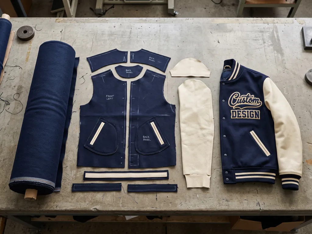 Navy melton roll, cut body panels and cream leather sleeve panels laid out beside a finished varsity jacket on a varsity jacket manufacturer's cutting table