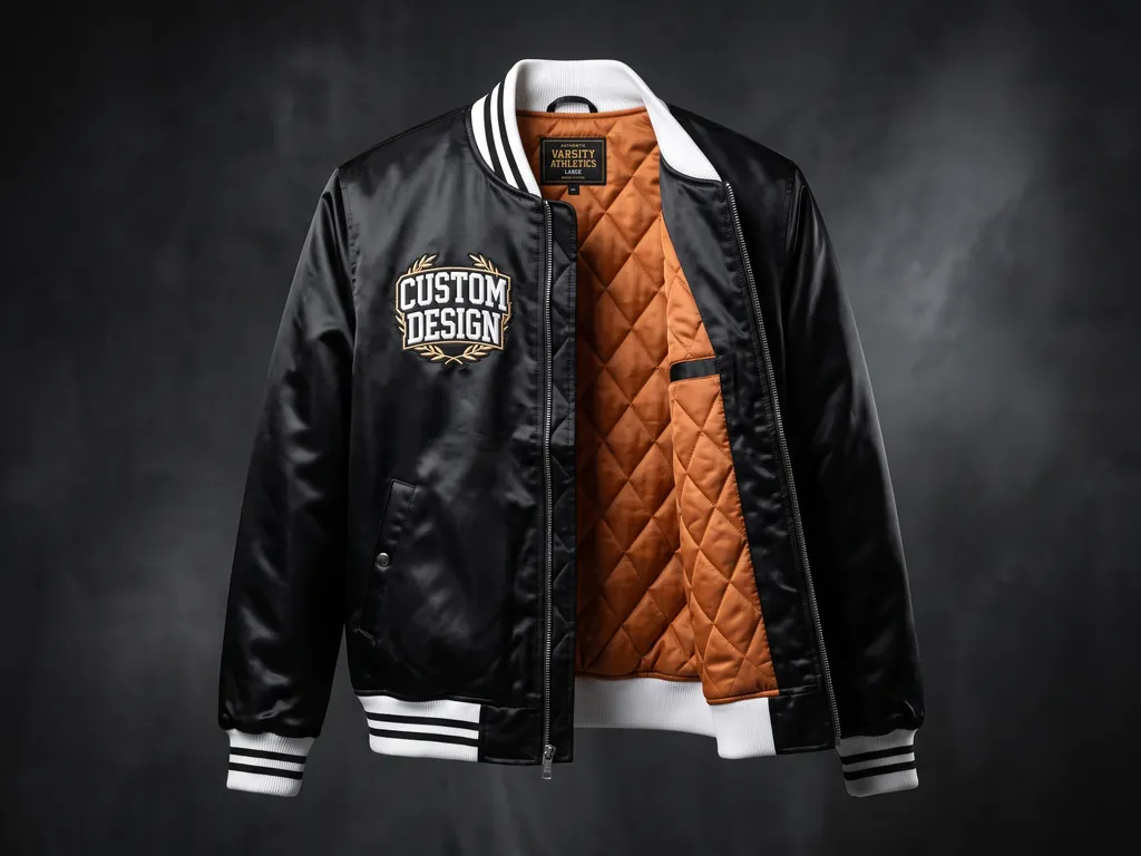 Black satin varsity bomber jacket opened to show its orange diamond-quilted lining and embroidered CUSTOM DESIGN chest crest