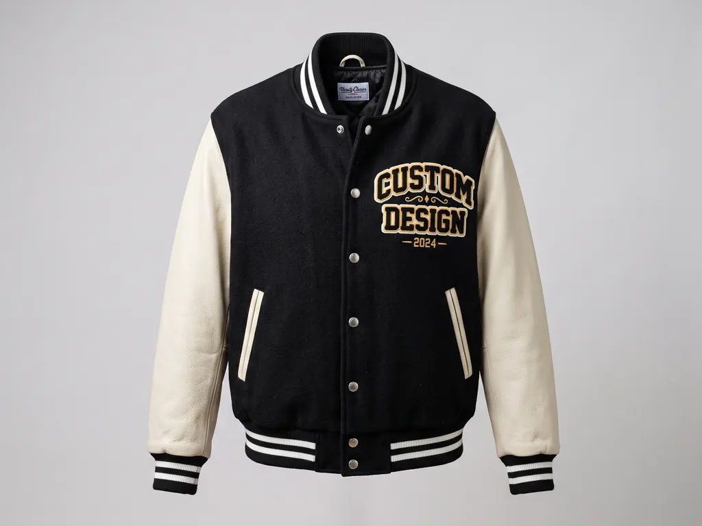 Custom varsity jacket with black wool melton body, cream genuine leather sleeves and a gold CUSTOM DESIGN chenille chest patch