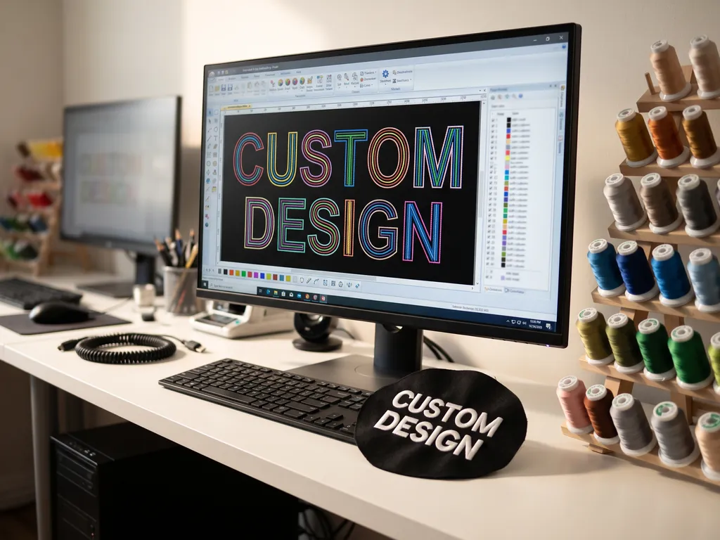 Embroidery digitizing services: CUSTOM DESIGN artwork shown as stitch paths on a monitor beside a thread rack