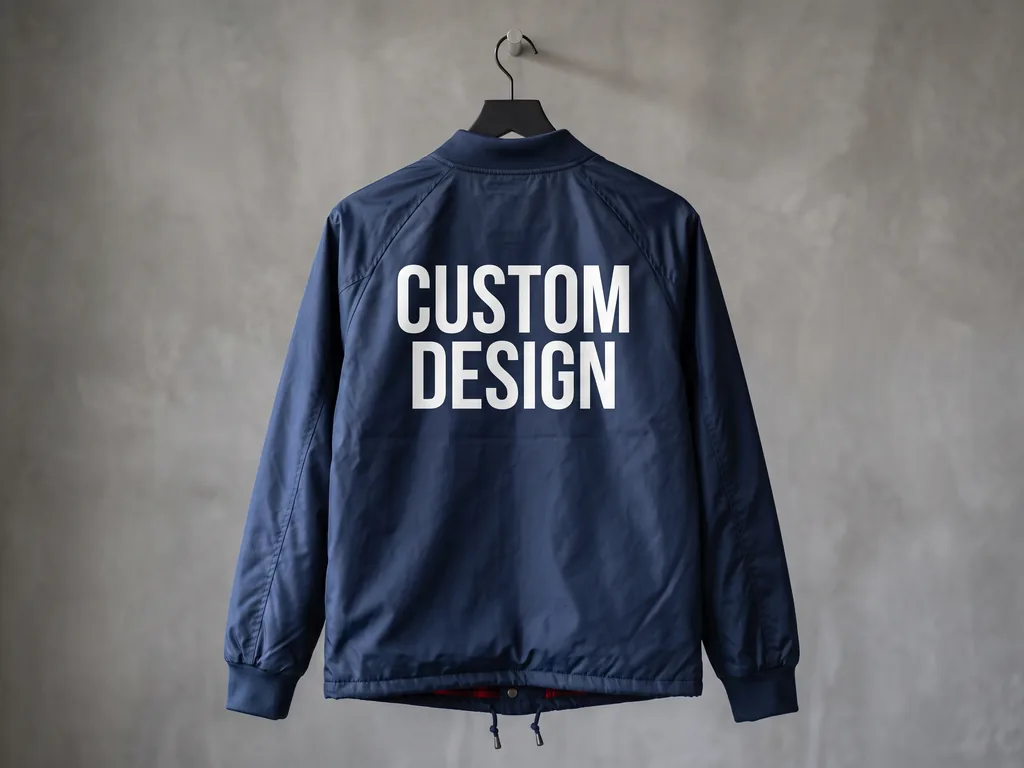 Navy coach jacket with a ribbed collar and cuffs, hung to show a full white CUSTOM DESIGN back print