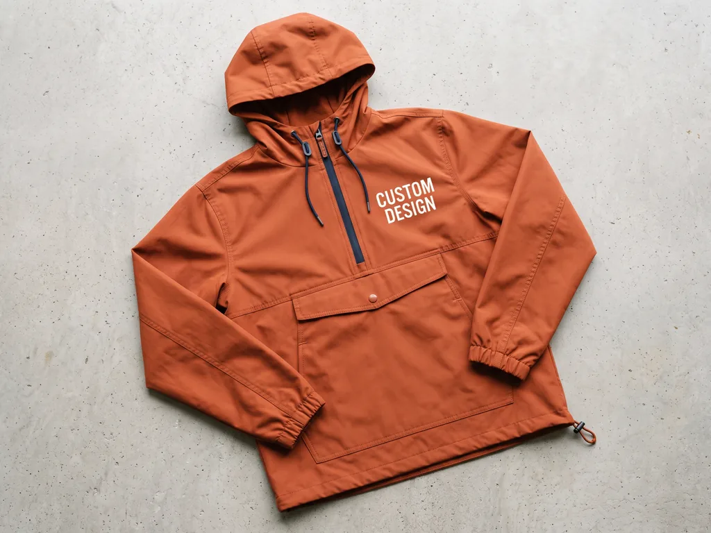 Burnt orange half-zip anorak windbreaker with a kangaroo pocket, drawcord hood and a white CUSTOM DESIGN chest print