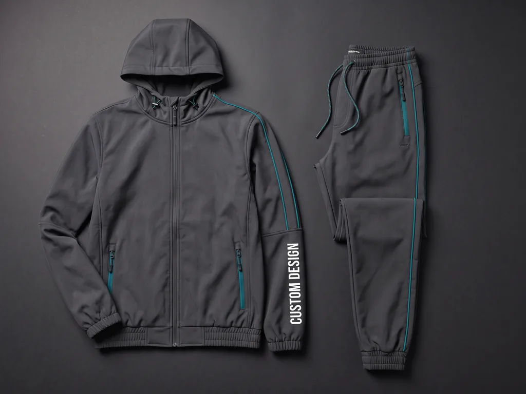 Charcoal windbreaker jacket and matching track pants with teal piping, cut from one dye lot, with a CUSTOM DESIGN sleeve print