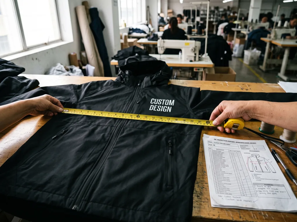 Chest width of a finished custom windbreaker jacket being measured against a QC inspection report during endline checks