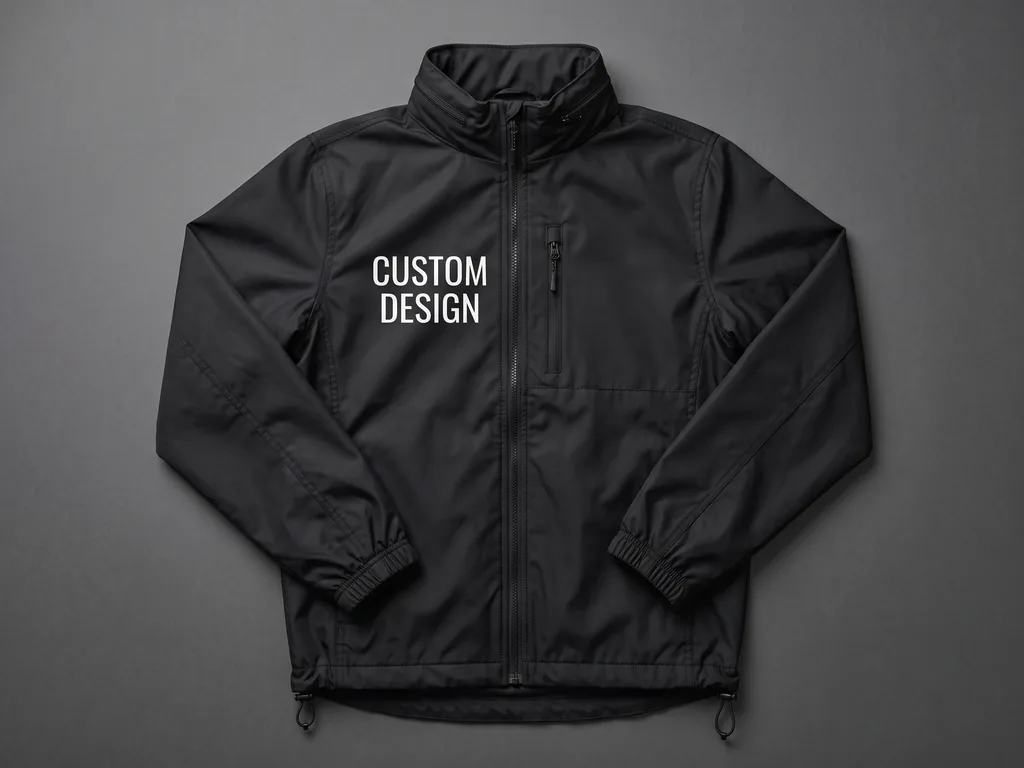 Mens windbreaker jacket in black coated polyester with a stand collar, zip chest pocket and a white CUSTOM DESIGN chest print