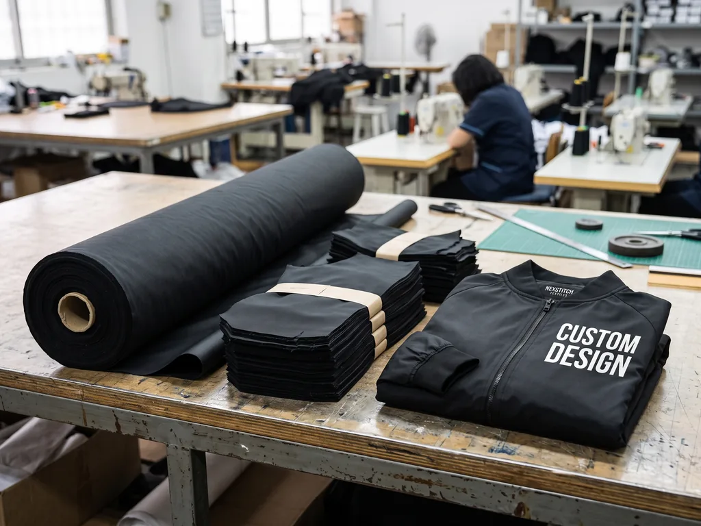 Roll of black coated shell fabric, bundled cut panels and a finished CUSTOM DESIGN windbreaker jacket on the cutting table at our Sialkot factory