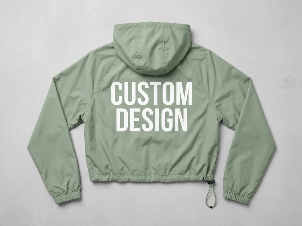 Womens windbreaker jacket in sage green, cropped with a drawcord hem and a large white CUSTOM DESIGN back print