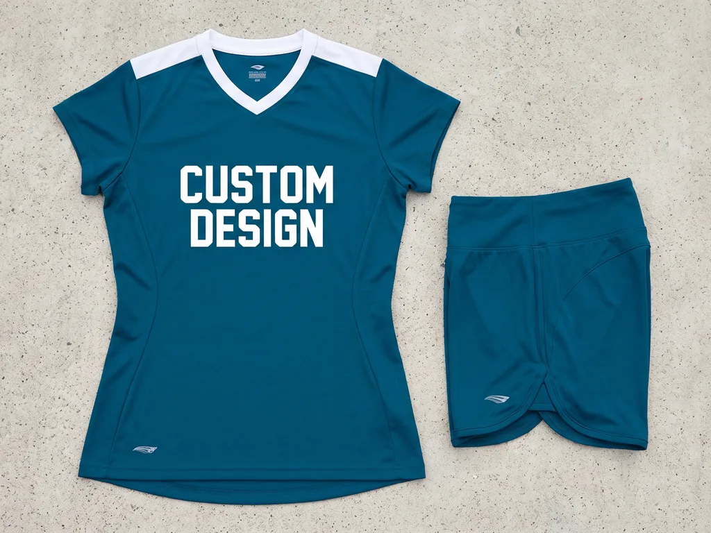 Women's custom basketball uniform top and shorts laid flat with a CUSTOM DESIGN front graphic