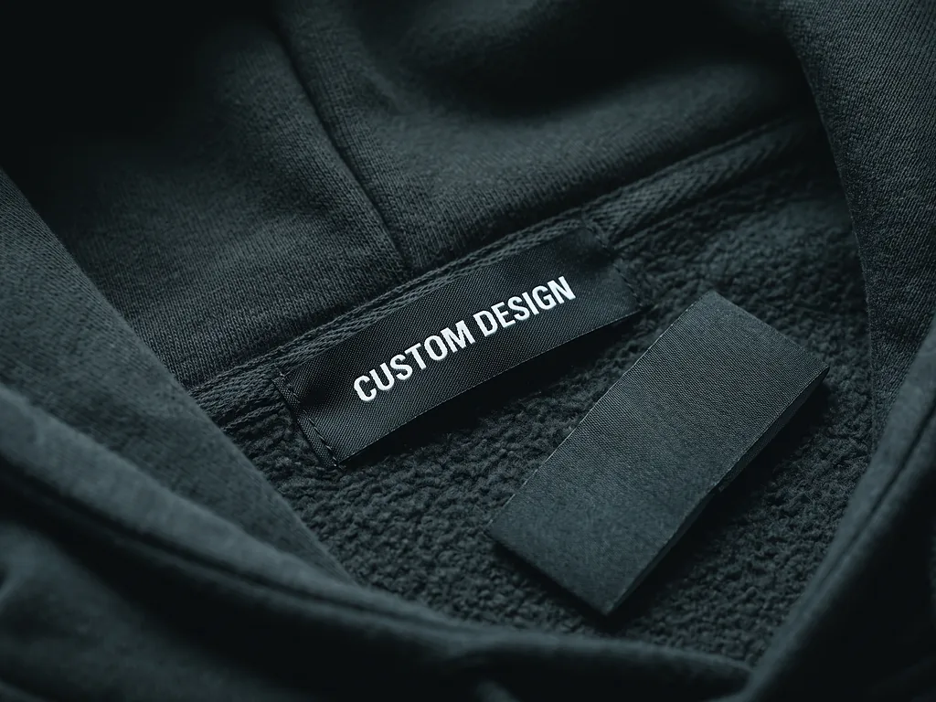 Centre fold woven neck label reading CUSTOM DESIGN sewn into a hoodie neck seam