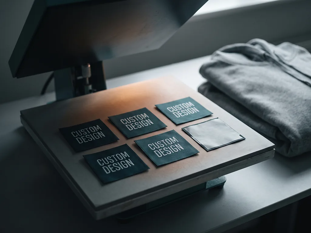 Iron-on woven labels reading CUSTOM DESIGN with heat-seal backing beside a heat press