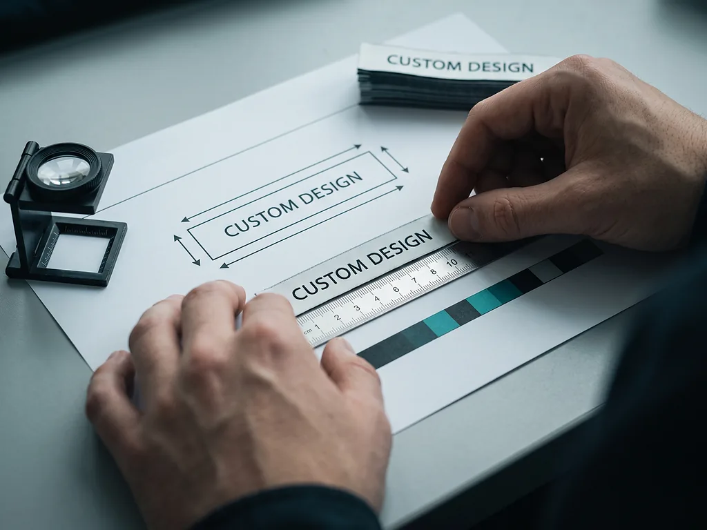 Hands measuring a finished woven label against an approved spec sheet during quality inspection