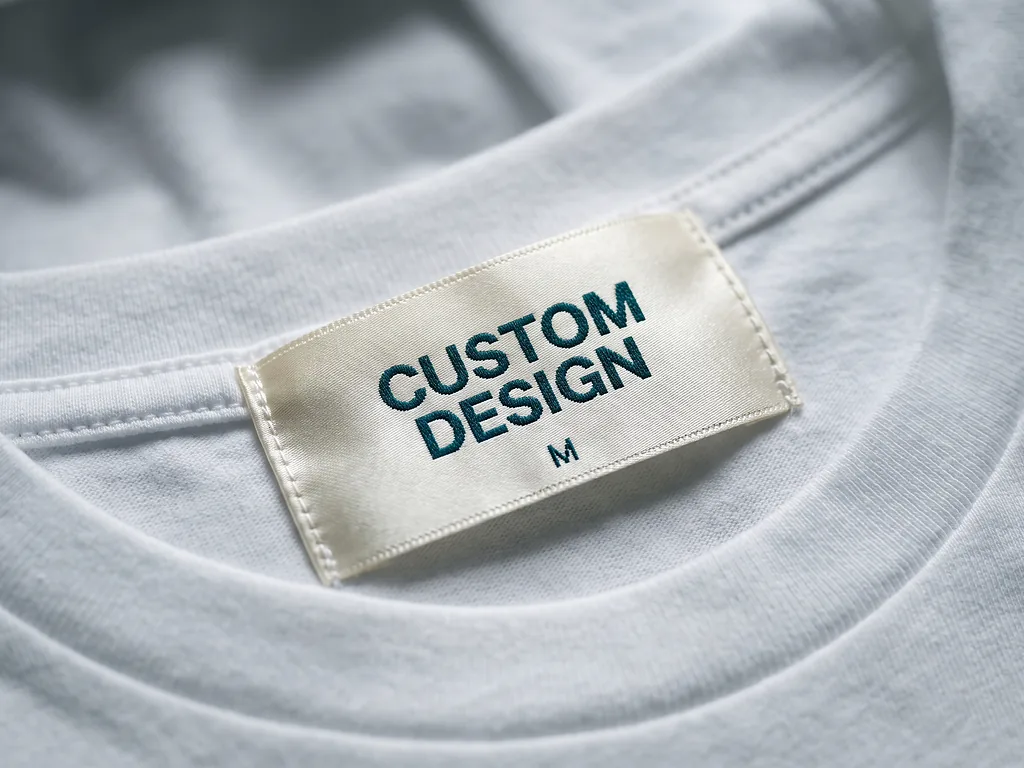 Glossy satin clothing label reading CUSTOM DESIGN stitched into a garment neckline