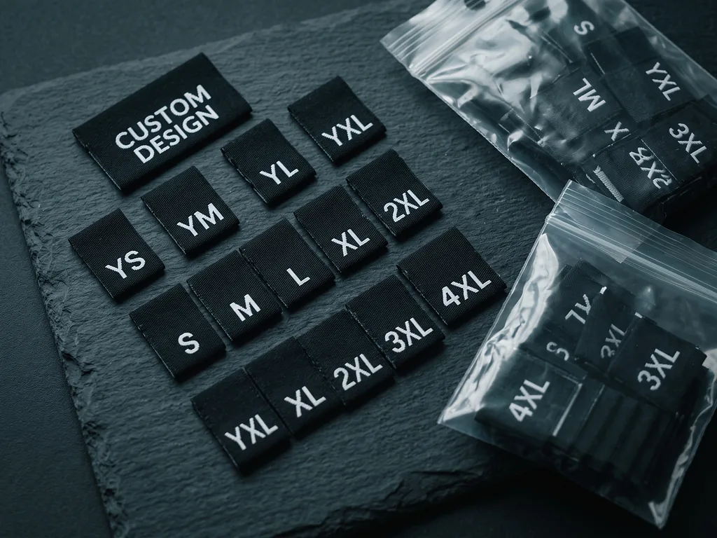 Bulk stack of custom woven size labels from YS to 4XL beside a CUSTOM DESIGN brand tab