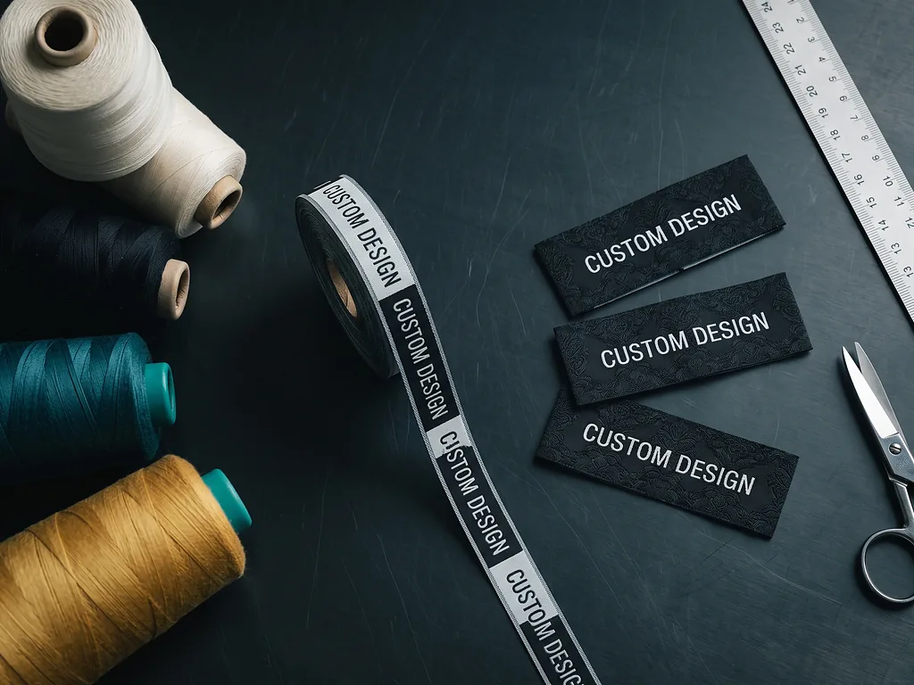 Yarn cones, a woven label roll and a finished custom neck label showing what a woven label manufacturer builds from scratch